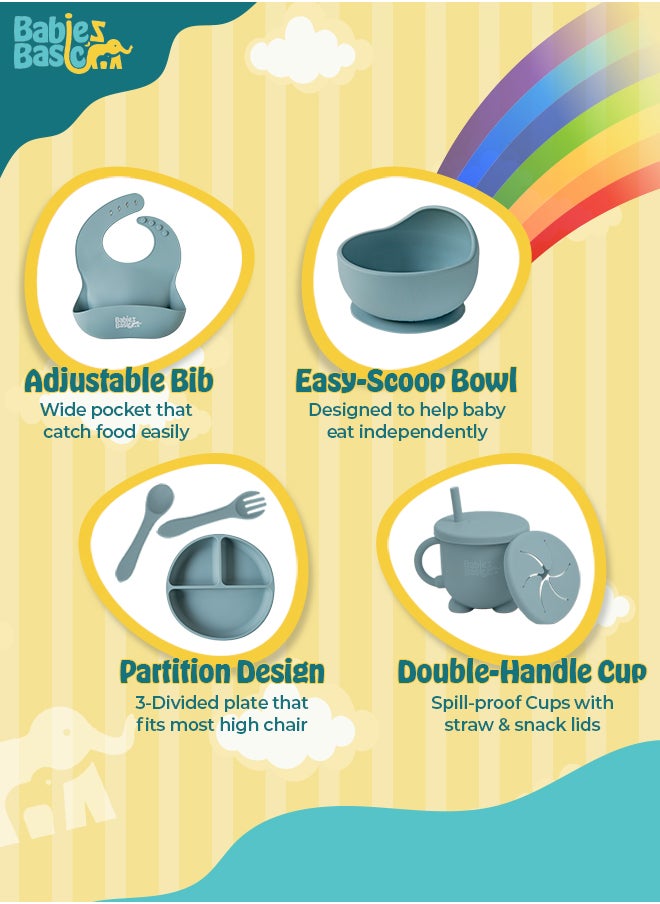 BabiesBasic Feeding Set, 6 Piece, Silicone Plate, Bowl, Bib, Spoon , Fork and  2 in 1 Cup - Indigo