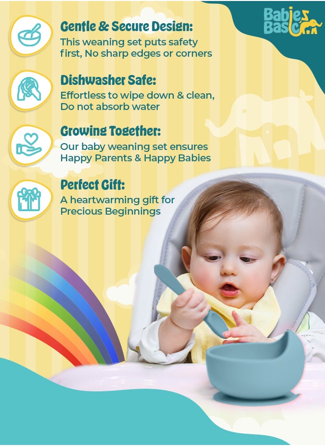 BabiesBasic Feeding Set, 6 Piece, Silicone Plate, Bowl, Bib, Spoon , Fork and  2 in 1 Cup - Indigo