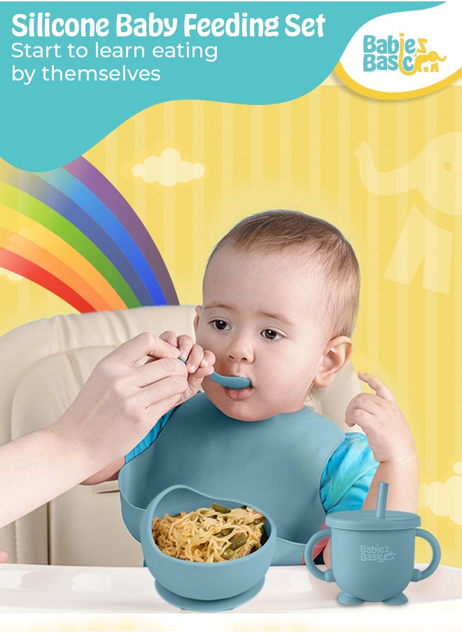 BabiesBasic Feeding Set, 6 Piece, Silicone Plate, Bowl, Bib, Spoon , Fork and  2 in 1 Cup - Indigo