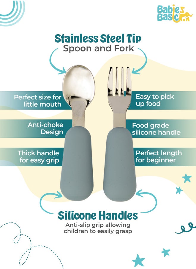 Babies Basic Silicone Feeding Set with Silicone Suction Plate, Spoon and Fork -  Blue