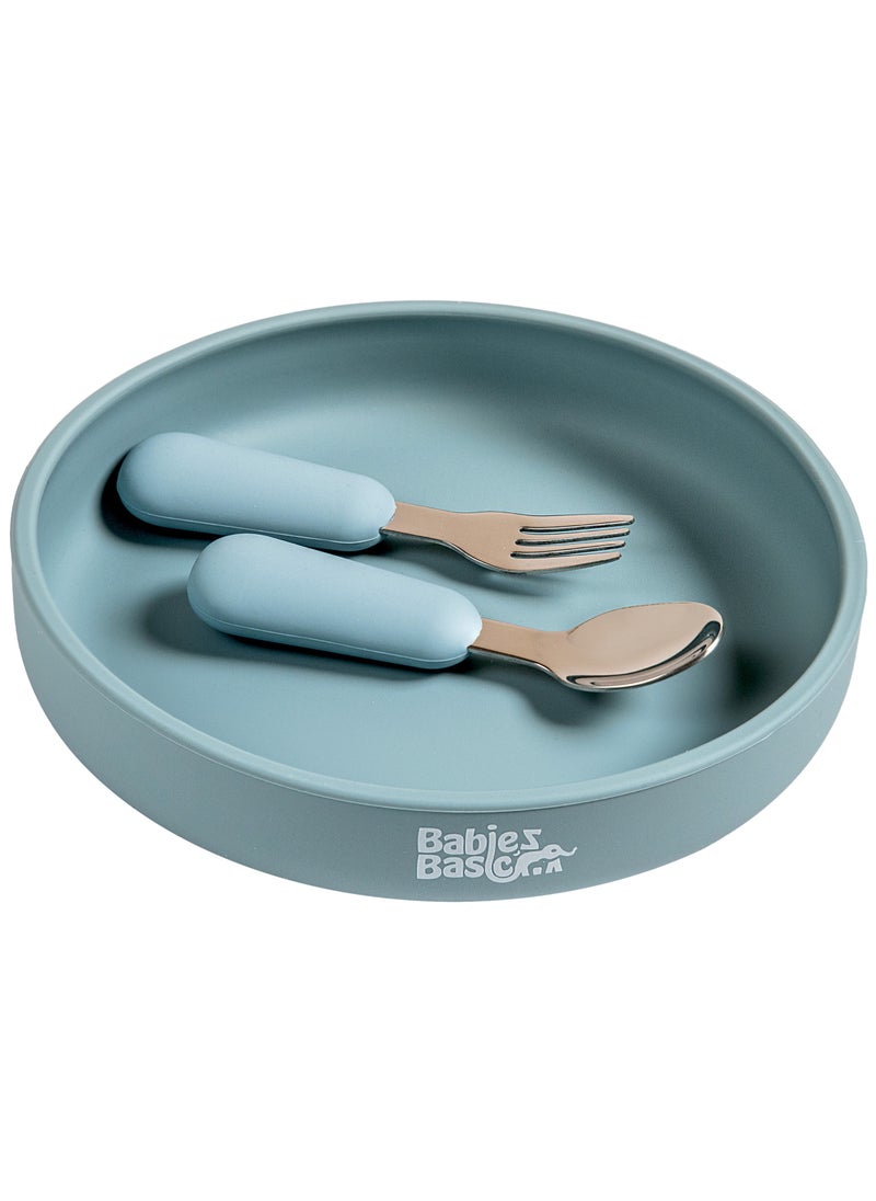 Babies Basic Silicone Feeding Set with Silicone Suction Plate, Spoon and Fork -  Blue
