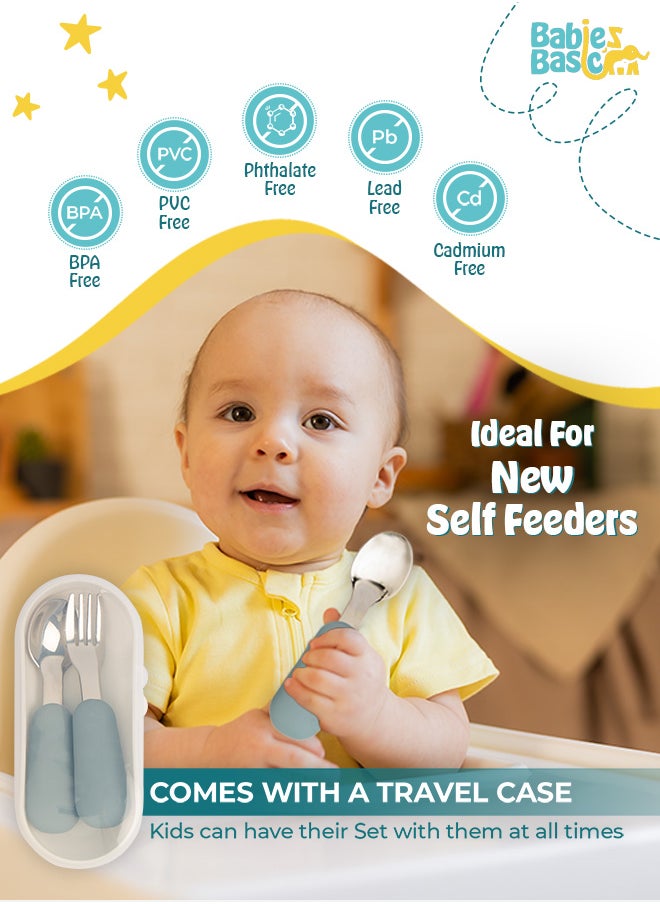 Babies Basic Silicone Feeding Set with Silicone Suction Plate, Spoon and Fork -  Blue