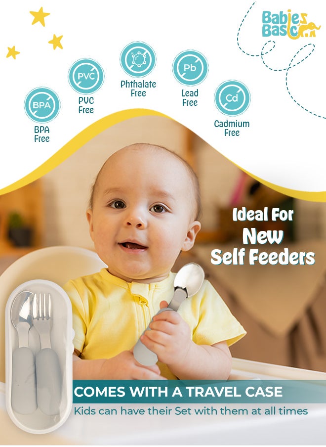 Babies Basic Silicone Feeding Set with Silicone Suction Plate, Spoon and Fork  - Gray