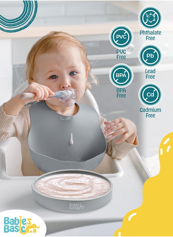 Babies Basic Silicone Feeding Set with Silicone Suction Plate, Spoon and Fork  - Gray