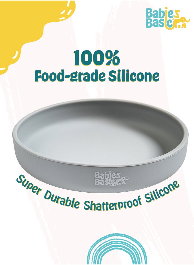 Babies Basic Silicone Feeding Set with Silicone Suction Plate, Spoon and Fork  - Gray