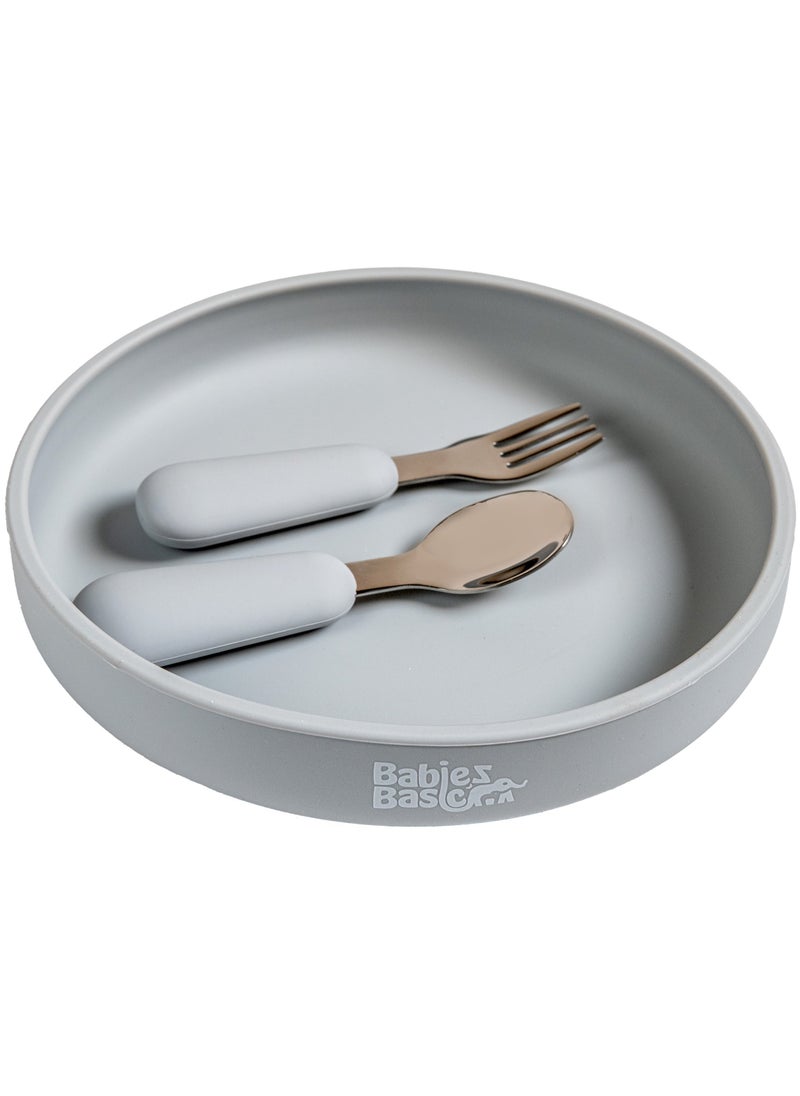 Babies Basic Silicone Feeding Set with Silicone Suction Plate, Spoon and Fork  - Gray