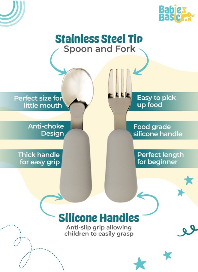 Babies Basic Silicone Feeding Set with Silicone Suction Plate, Spoon and Fork  - Gray