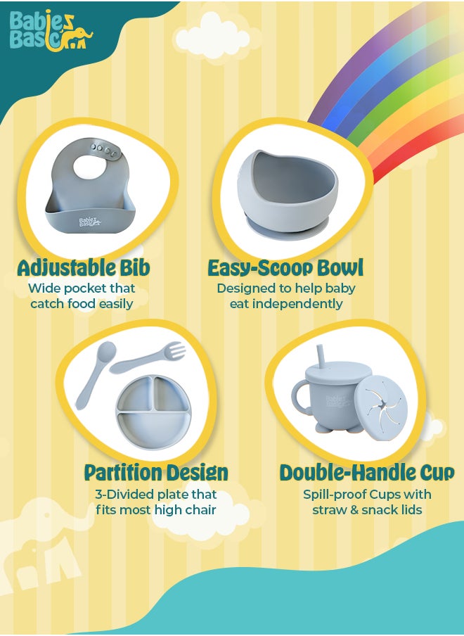 BabiesBasic Feeding Set, 6 Piece, Silicone Plate, Bowl, Bib, Spoon , Fork and  2 in 1 Cup - Gray