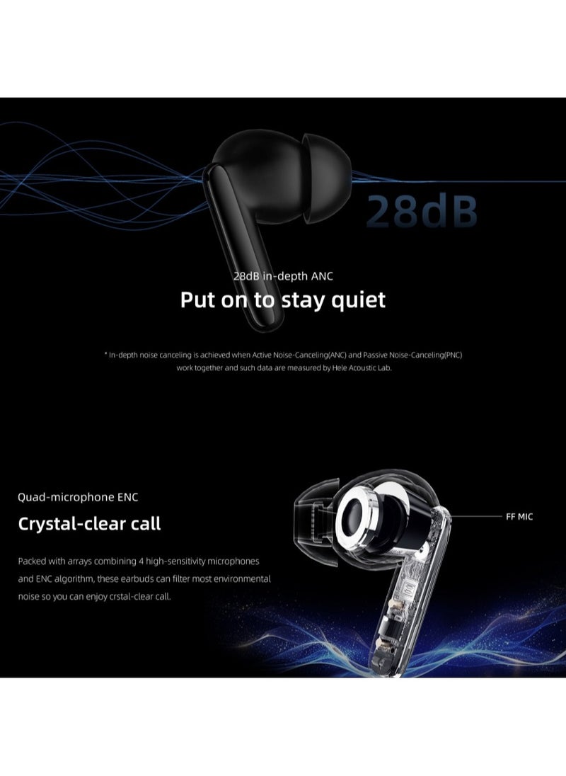 T13 ANC 2 Truly Wireless ANC Earbuds With Noice Cancellation Against 25 km/h of Wind, 30 Hours Long Battery Life, 5.3 Bluetooth Multipoint and Stable Connection and Sensitive Touch Control - Black
