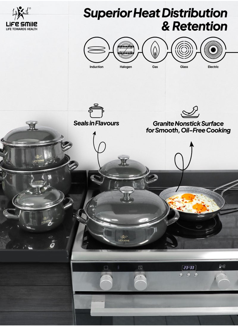 11pcs Nonstick Granite Cookware Set – Enamel Coated Non Stick Cookwares, Kitchen Cooking Pots & Pans | Induction Base Pots Set Includes Casseroles (16/20/24/28cm) with Lids, 28cm Shallow Pot with Lid & 24cm Fry Pan