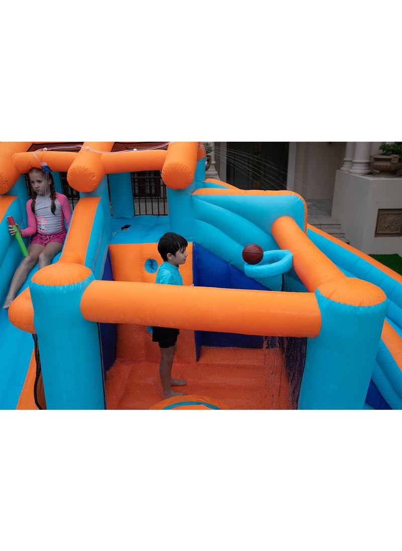 Kids Twin Water Slide with Bounce House Infinity Splash Kids Outdoor Inflatable Mega Water Park with Blower Air Pump Climbing Wall and Water Sprayers