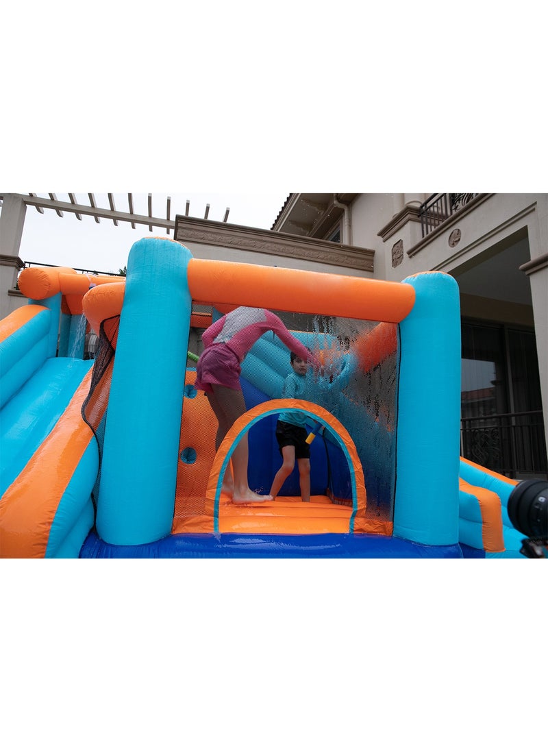 Kids Twin Water Slide with Bounce House Infinity Splash Kids Outdoor Inflatable Mega Water Park with Blower Air Pump Climbing Wall and Water Sprayers