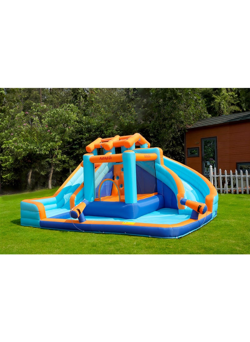 Kids Twin Water Slide with Bounce House Infinity Splash Kids Outdoor Inflatable Mega Water Park with Blower Air Pump Climbing Wall and Water Sprayers