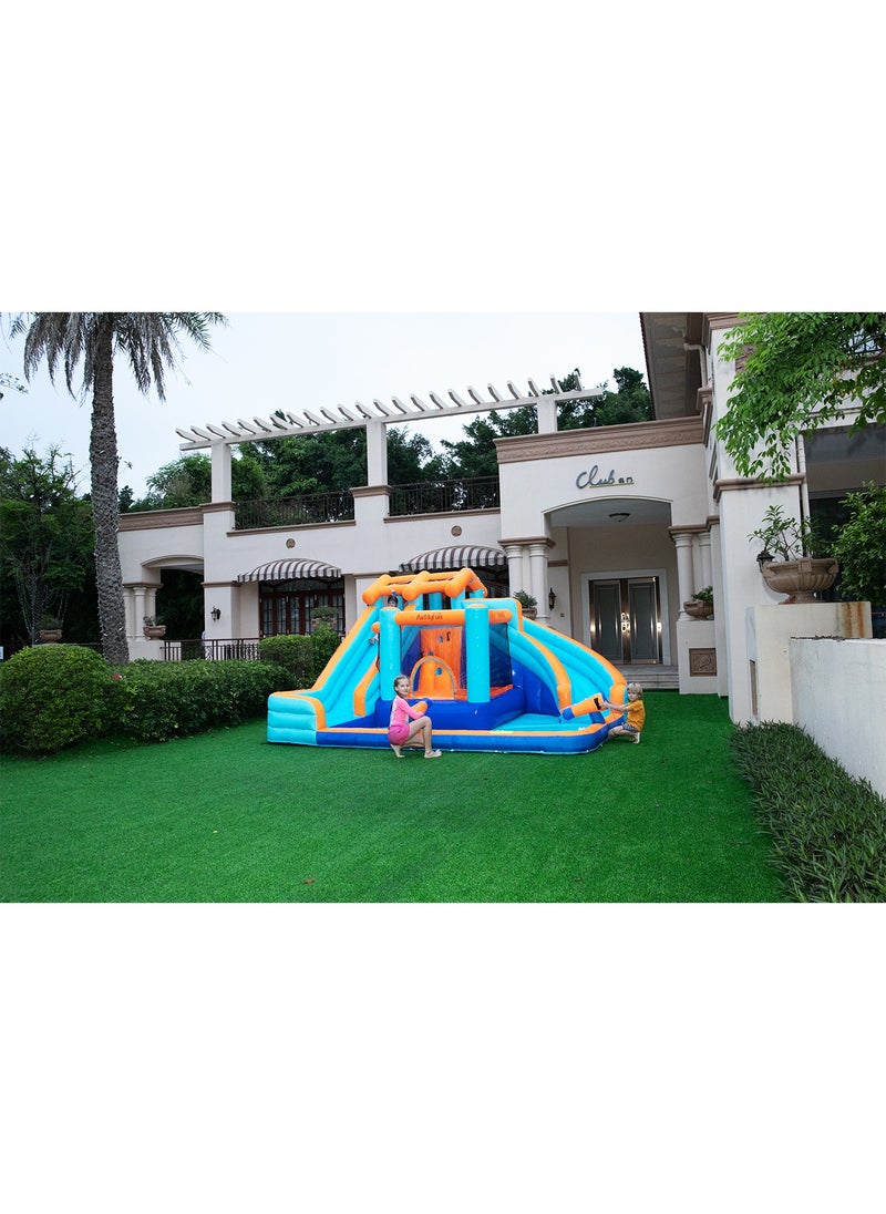 Kids Twin Water Slide with Bounce House Infinity Splash Kids Outdoor Inflatable Mega Water Park with Blower Air Pump Climbing Wall and Water Sprayers