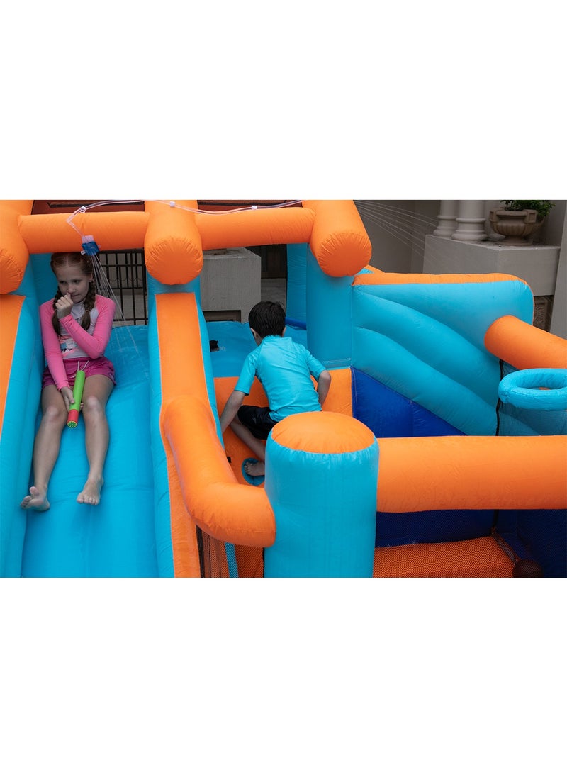 Kids Twin Water Slide with Bounce House Infinity Splash Kids Outdoor Inflatable Mega Water Park with Blower Air Pump Climbing Wall and Water Sprayers
