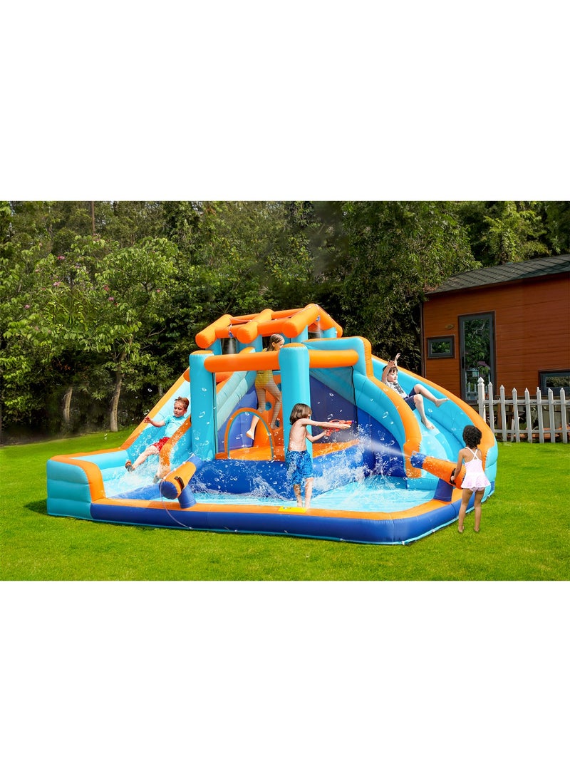 Kids Twin Water Slide with Bounce House Infinity Splash Kids Outdoor Inflatable Mega Water Park with Blower Air Pump Climbing Wall and Water Sprayers