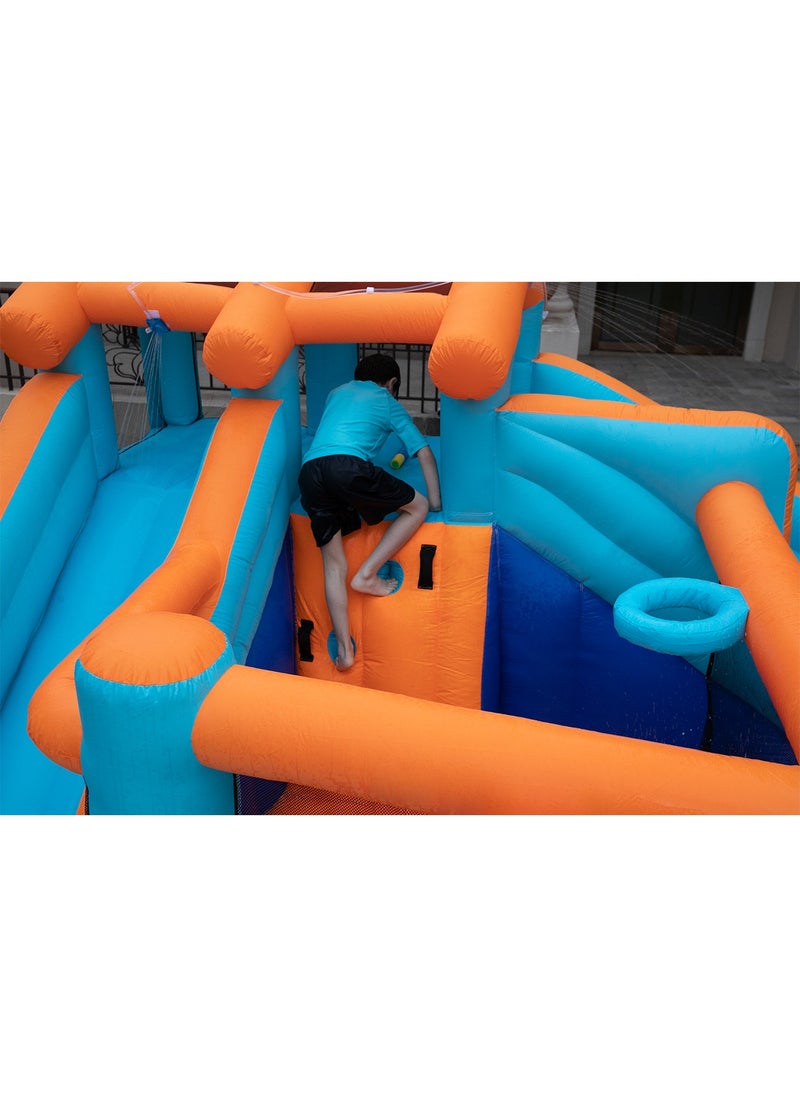 Kids Twin Water Slide with Bounce House Infinity Splash Kids Outdoor Inflatable Mega Water Park with Blower Air Pump Climbing Wall and Water Sprayers