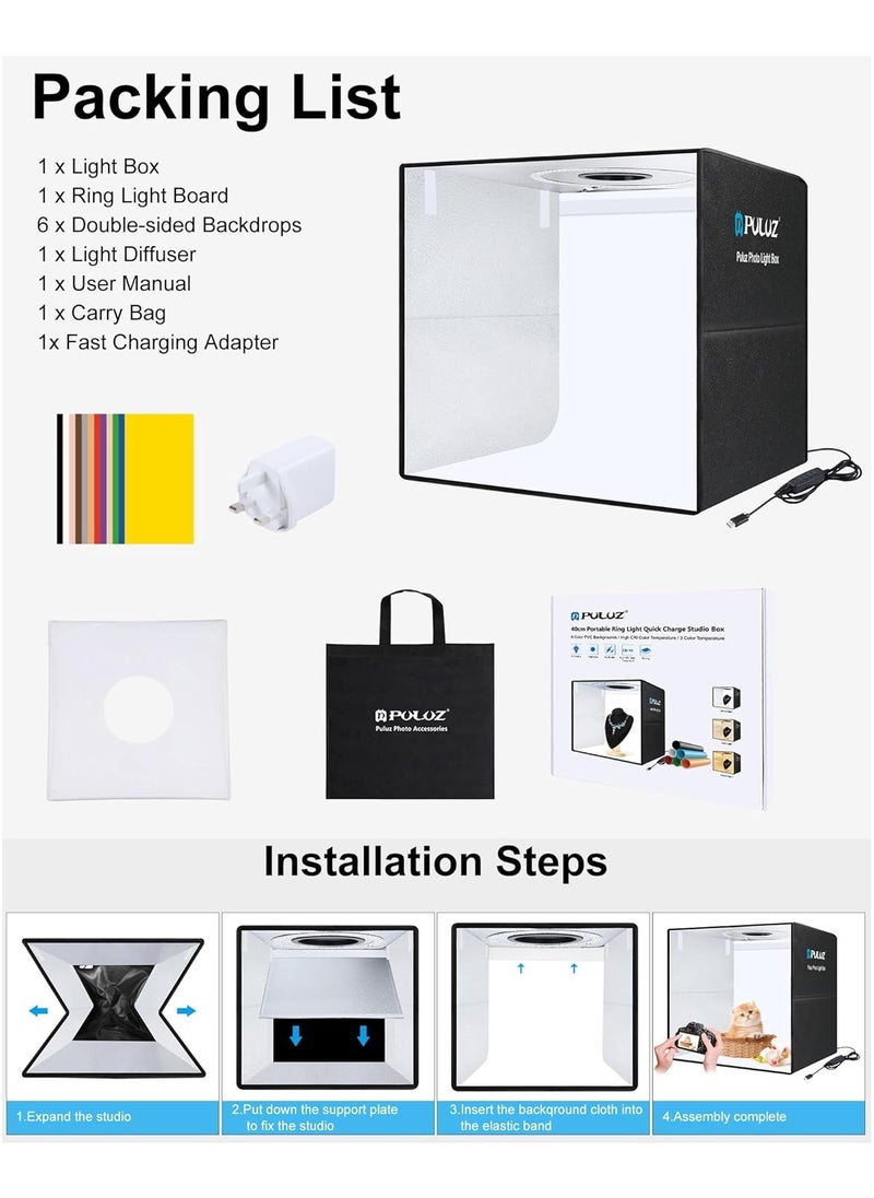 PULUZ Photo Light Box 50cm, Professional Portable Light Box Photography Tent Kit with Dimmable 3 Colours Temperatures 200 LEDs Lights 6500k& 30W USB-PD & 12 Photo Backgrounds for Product Photography