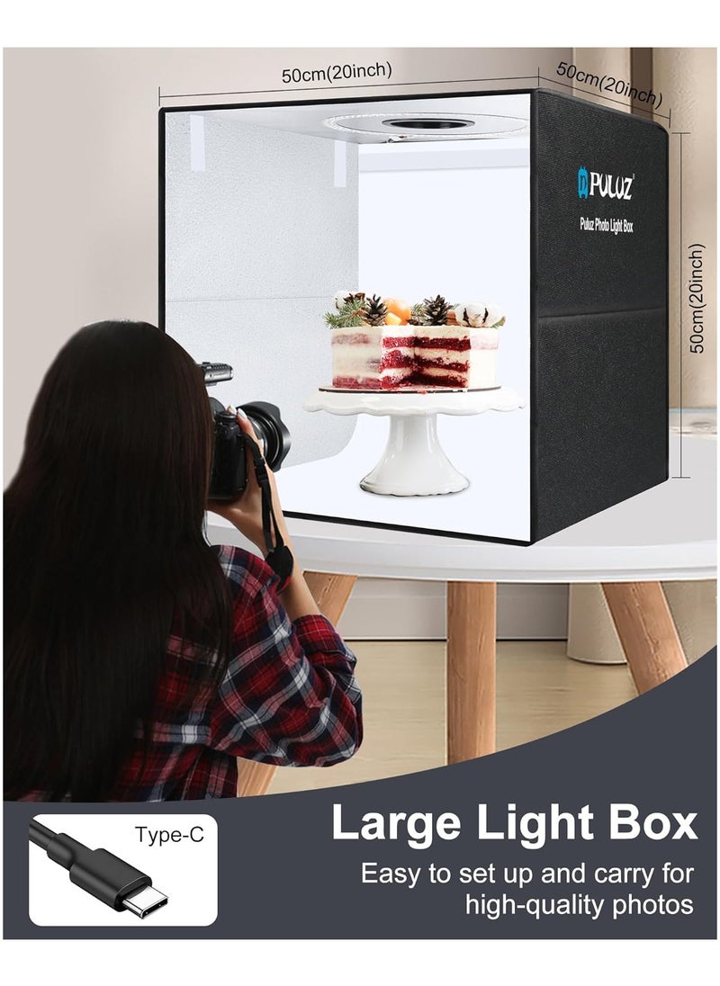 PULUZ Photo Light Box 50cm, Professional Portable Light Box Photography Tent Kit with Dimmable 3 Colours Temperatures 200 LEDs Lights 6500k& 30W USB-PD & 12 Photo Backgrounds for Product Photography
