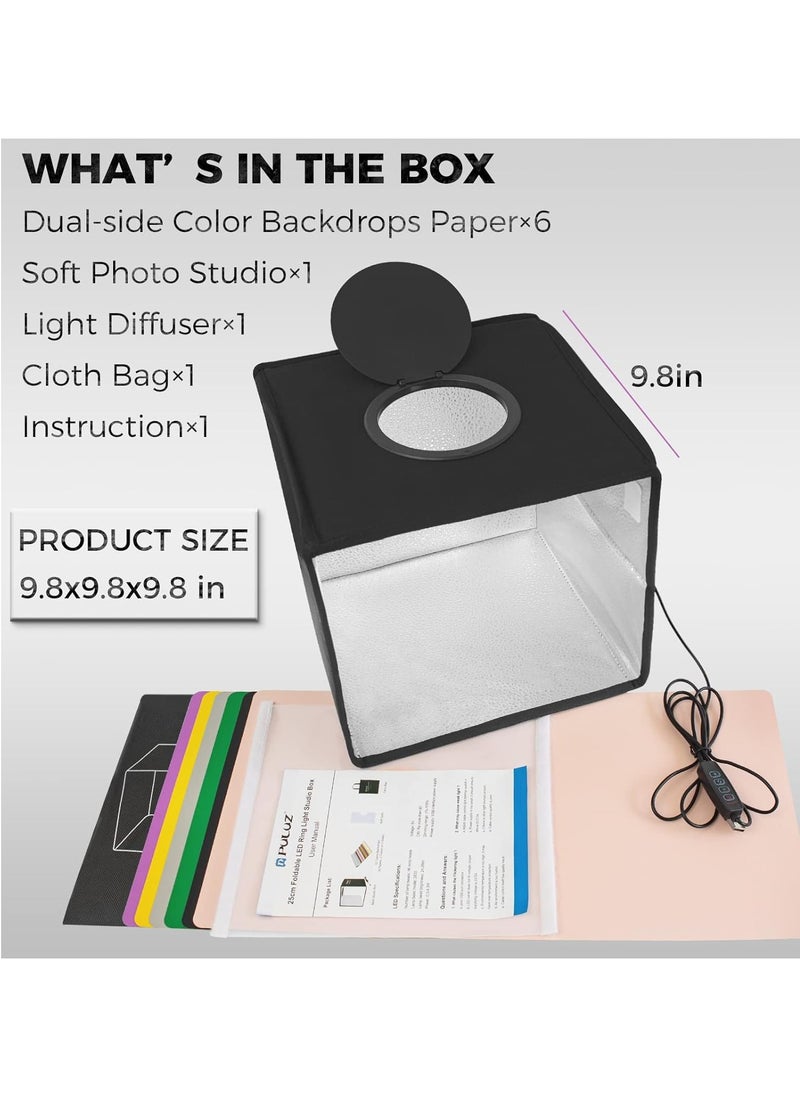 PULUZ Mini Light Box Photography, 25cm Portable Folding Mini Photo Studio Box Tent kit with 112pcs LED Lights CRI ≥97+6 Kinds Double-sided Colors Backgrounds for Small Size Products Lightbox