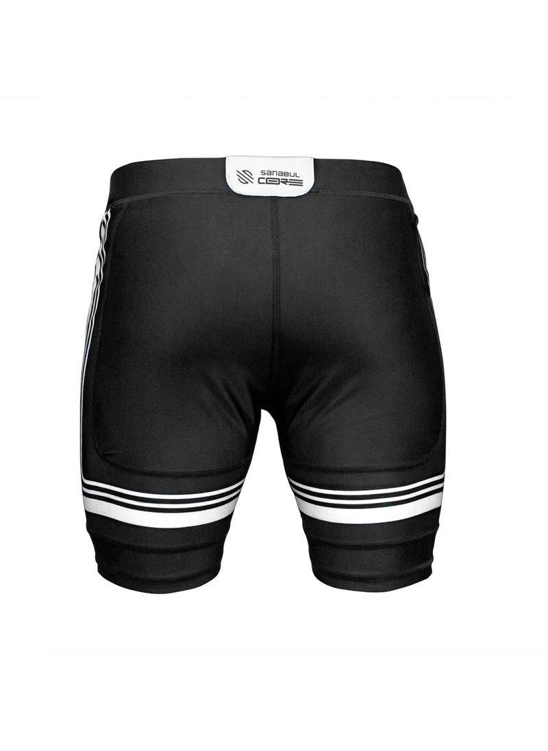 Sanabul Core Compression MMA Shorts for Men, Black with White Stripes, MEDIUM