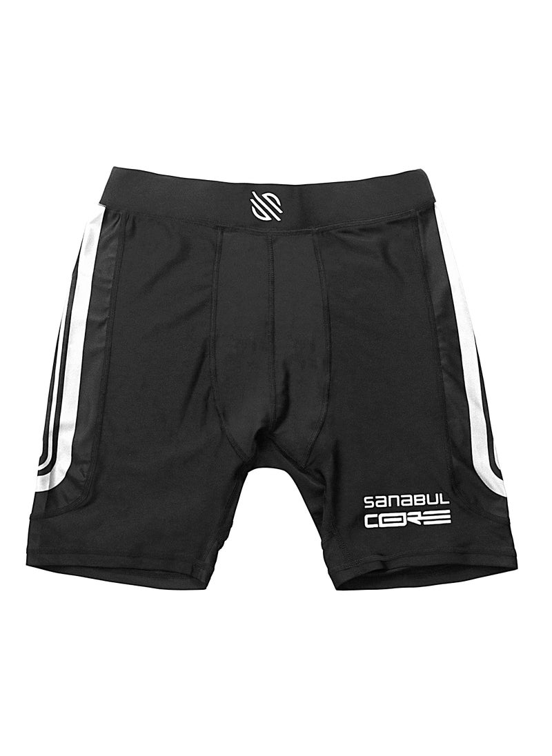 Sanabul Core Compression MMA Shorts for Men, Black with White Stripes, MEDIUM