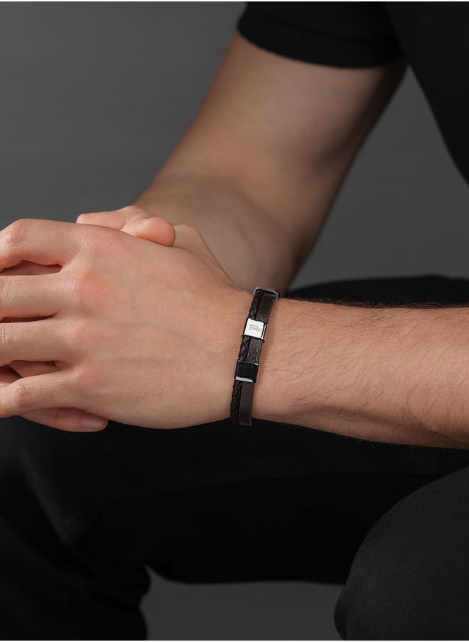 Unity BraceletDual-Textured Brown Leather with Stainless Steel Square Motifs and P SymbolBold Men's Style