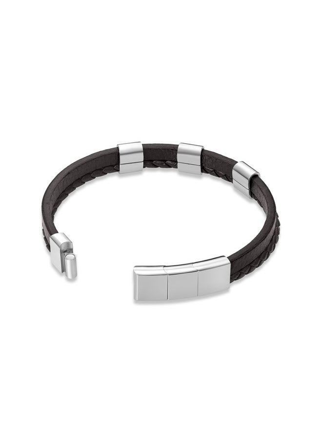 Unity BraceletDual-Textured Brown Leather with Stainless Steel Square Motifs and P SymbolBold Men's Style