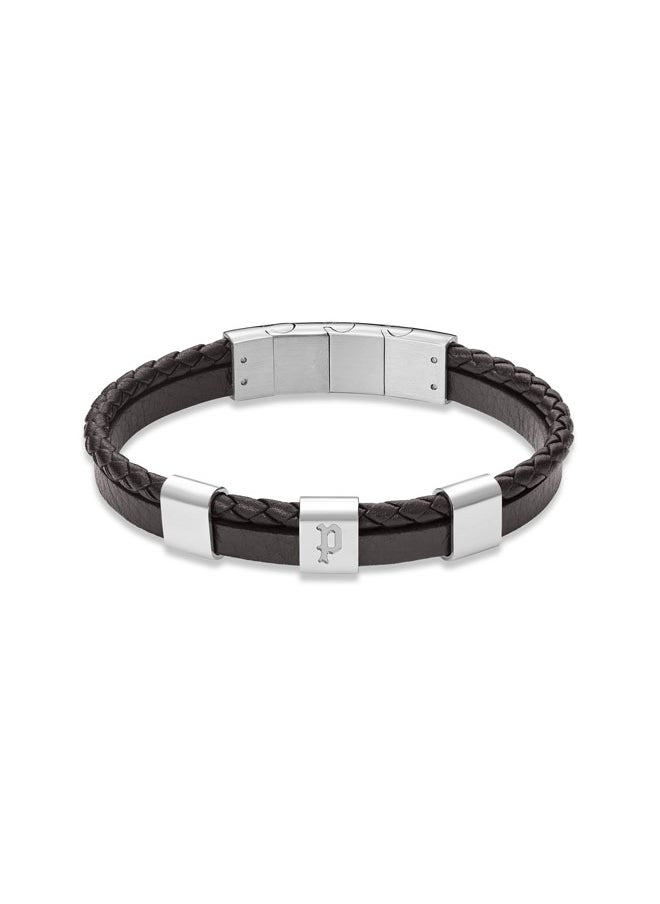 Unity BraceletDual-Textured Brown Leather with Stainless Steel Square Motifs and P SymbolBold Men's Style