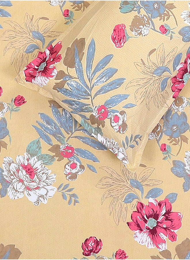 Spring Summer Collection-Cotton Rich Double Bedsheet with 2 Pillow Covers for Bed Room, Home, Hotel-120 GSM, Red Rose-Yellow, 210 X 215 Cm