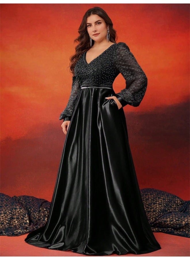 Plus Size Elegant V-Neck Long Sleeve Sequin Satin A-Line Evening Dress for Women