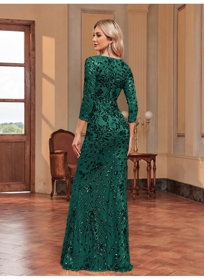 Dark Green Sequin Embellished Long Sleeve Mermaid Evening Gown - Exquisite Tailored Dress