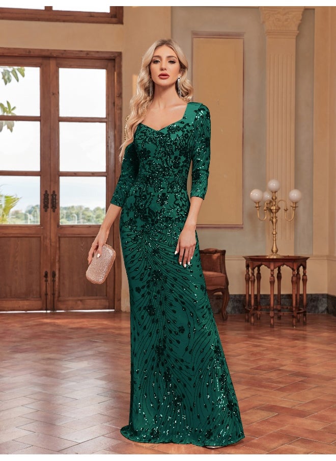 Dark Green Sequin Embellished Long Sleeve Mermaid Evening Gown - Exquisite Tailored Dress