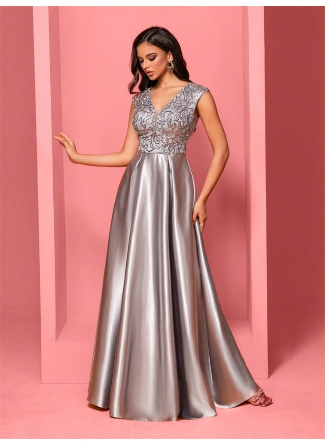 New Elegant Gray Floral Embroidered Sleeveless V-Neck Mermaid Evening Dress A-Line Gown