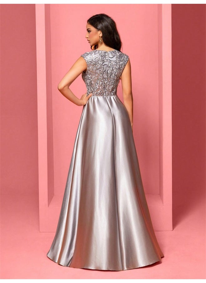 New Elegant Gray Floral Embroidered Sleeveless V-Neck Mermaid Evening Dress A-Line Gown