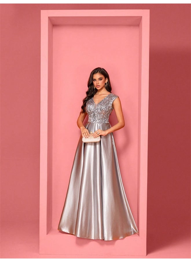 New Elegant Gray Floral Embroidered Sleeveless V-Neck Mermaid Evening Dress A-Line Gown