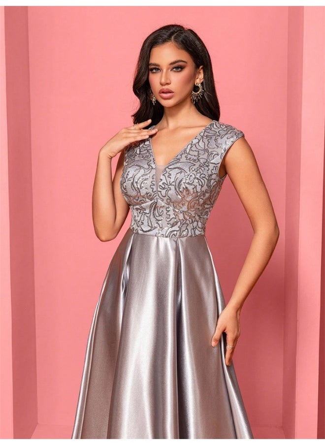 New Elegant Gray Floral Embroidered Sleeveless V-Neck Mermaid Evening Dress A-Line Gown