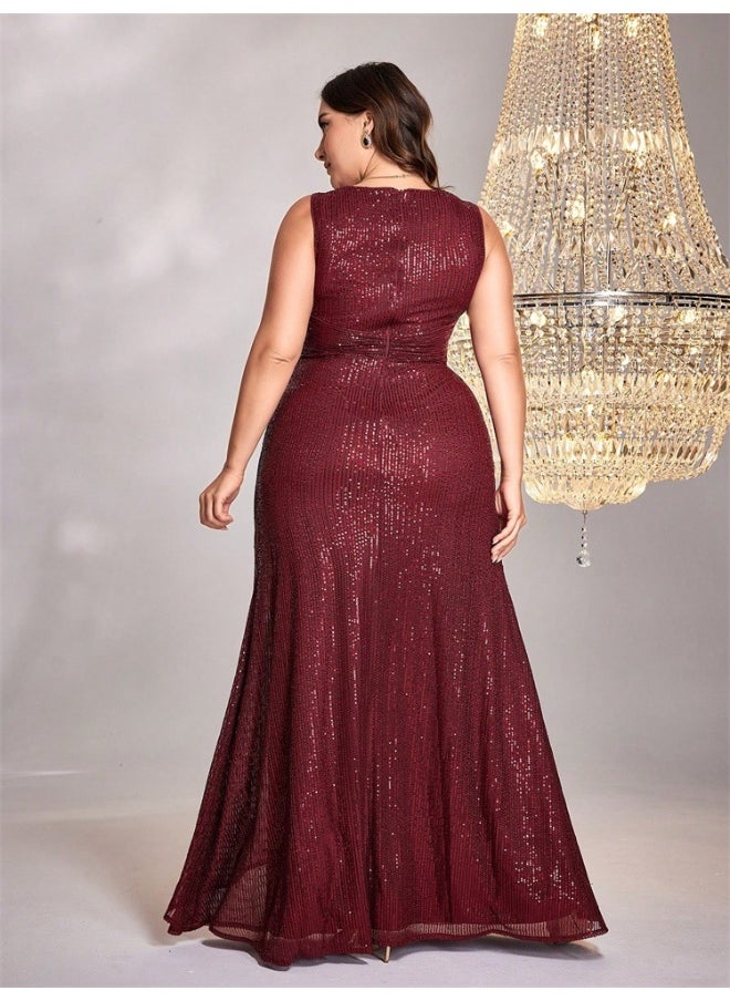 Burgundy Plus Size Sleeveless V-Neck Mermaid Evening Gown - European Style