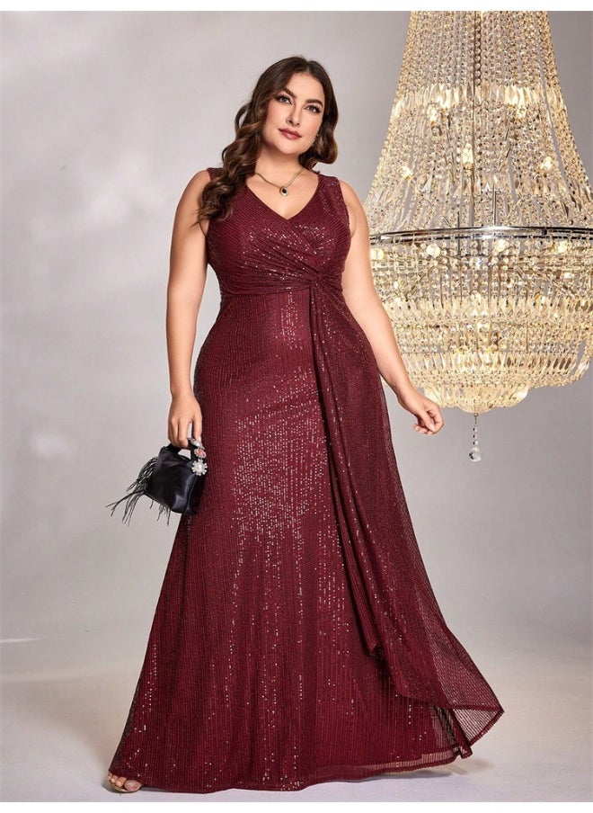 Burgundy Plus Size Sleeveless V-Neck Mermaid Evening Gown - European Style