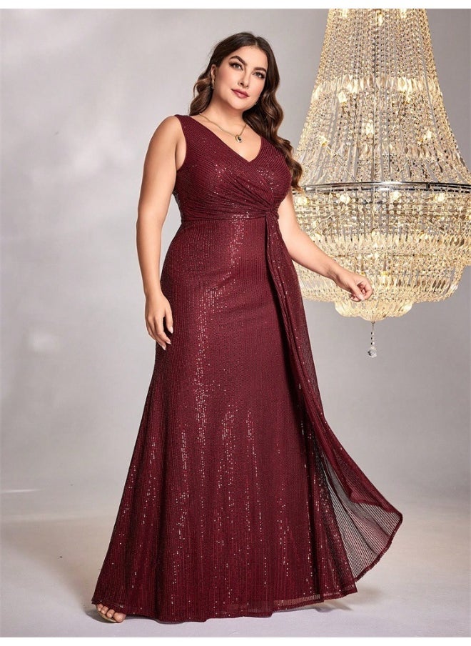 Burgundy Plus Size Sleeveless V-Neck Mermaid Evening Gown - European Style