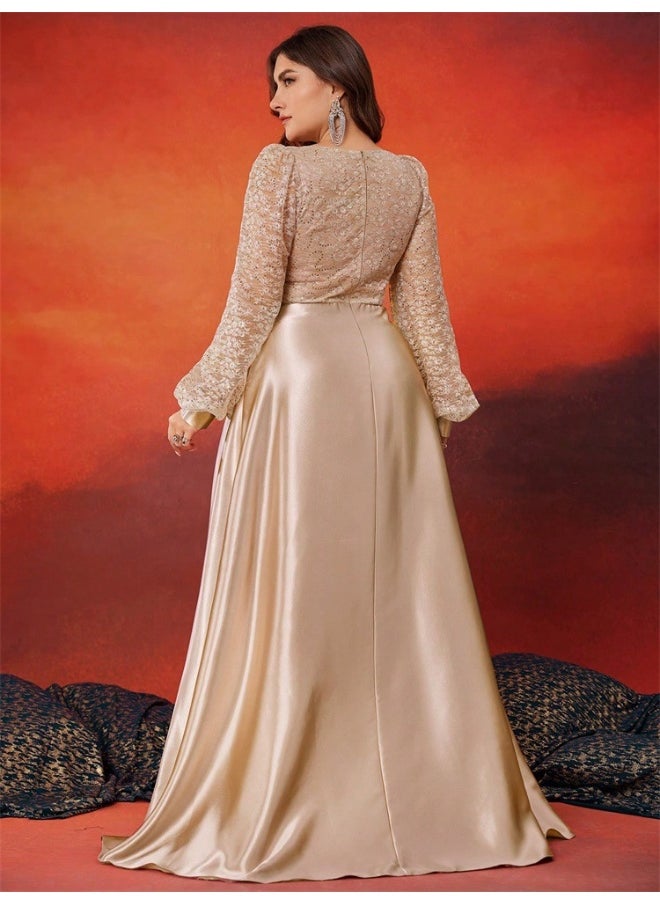 Plus Size Sequin-Panel Satin Long Sleeve V-Neck A-Line Evening Gown for Women - Elegant Party Dress