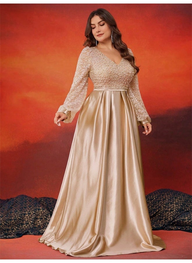 Plus Size Sequin-Panel Satin Long Sleeve V-Neck A-Line Evening Gown for Women - Elegant Party Dress