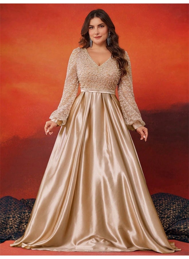Plus Size Sequin-Panel Satin Long Sleeve V-Neck A-Line Evening Gown for Women - Elegant Party Dress
