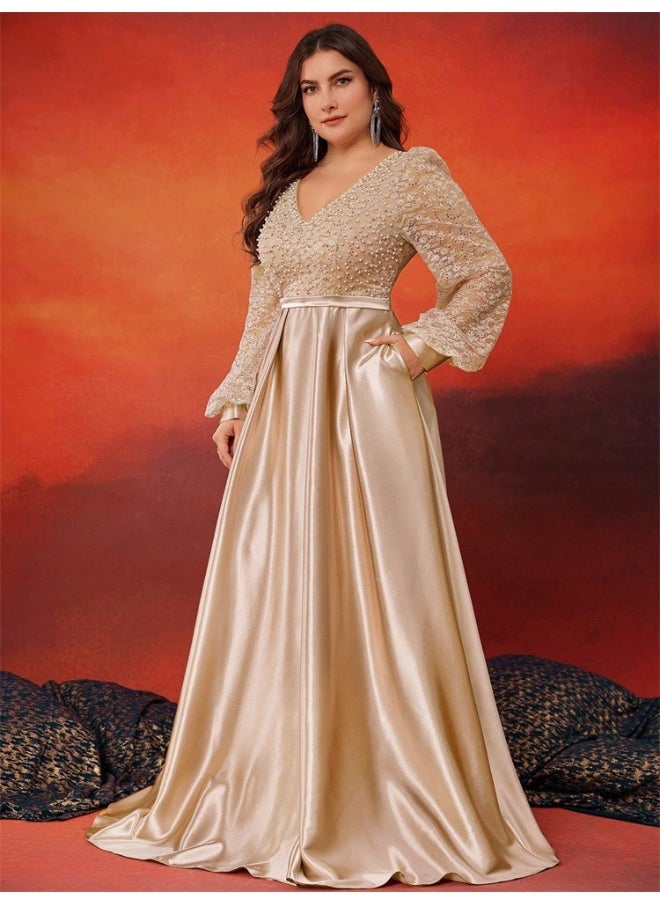 Plus Size Sequin-Panel Satin Long Sleeve V-Neck A-Line Evening Gown for Women - Elegant Party Dress
