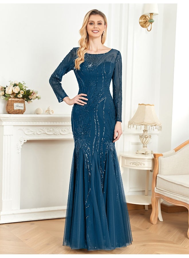 Elegant Blue Sequin Embroidered Long Sleeve Dress for Bridesmaids and Evening Cocktail Parties