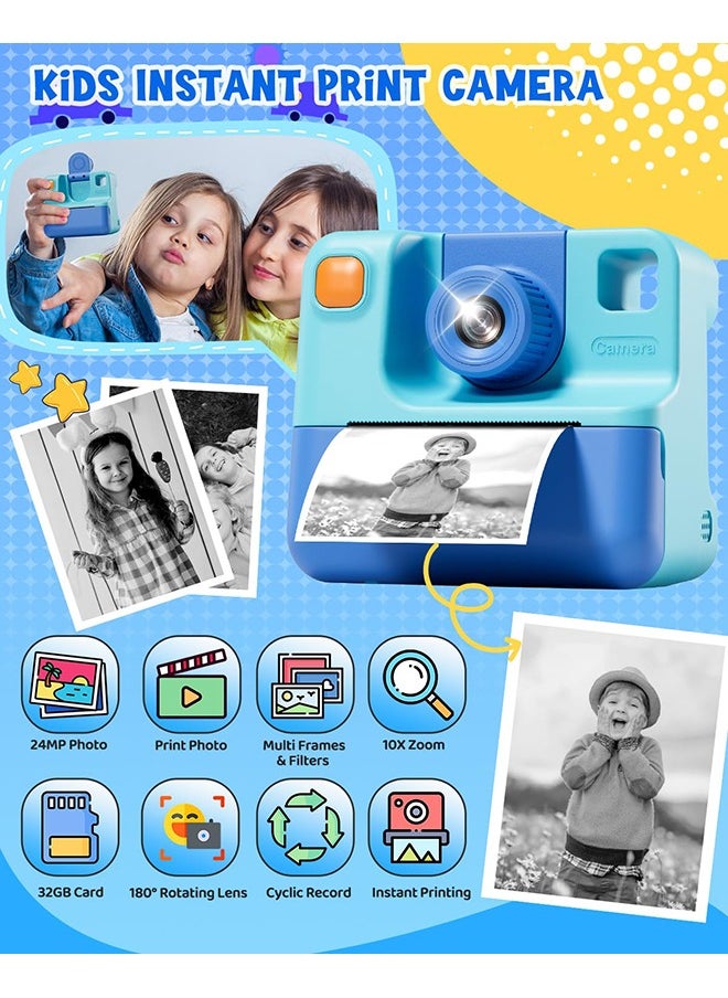 Kids Camera Instant Print, Birthday Gifts for Toddle Girls Boys Age 3-12, 24MP & 1080P Selfie Digital Camera with 3 Roll no-Ink Print Paper 32G SD Card