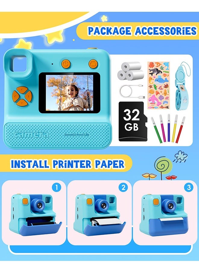 Kids Camera Instant Print, Birthday Gifts for Toddle Girls Boys Age 3-12, 24MP & 1080P Selfie Digital Camera with 3 Roll no-Ink Print Paper 32G SD Card