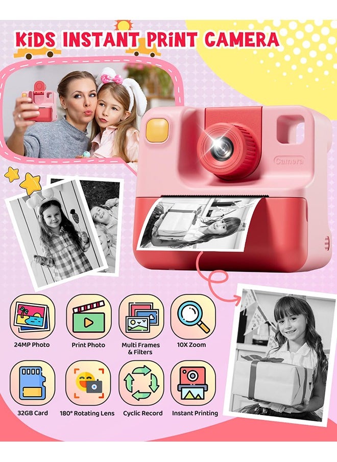 Kids Camera Instant Print, Birthday Gifts for Toddle Girls Boys Age 3-12, 24MP & 1080P Selfie Digital Camera with 3 Roll no-Ink Print Paper 32G SD Card
