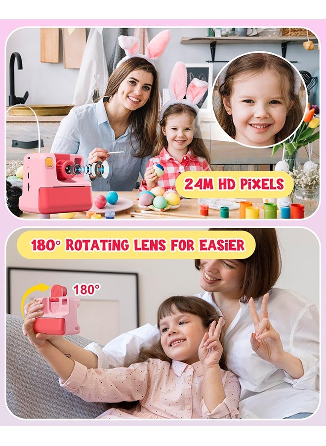 Kids Camera Instant Print, Birthday Gifts for Toddle Girls Boys Age 3-12, 24MP & 1080P Selfie Digital Camera with 3 Roll no-Ink Print Paper 32G SD Card