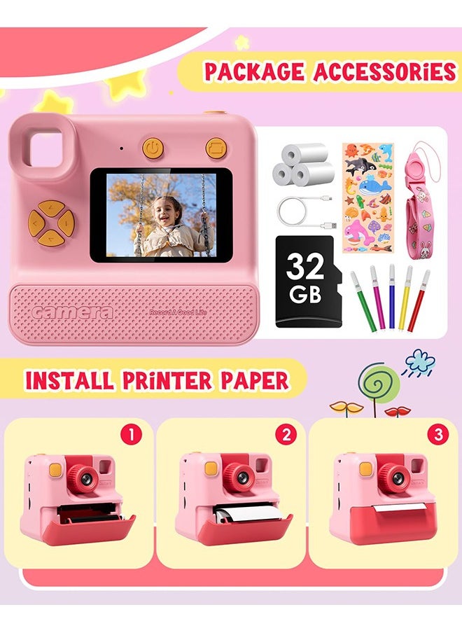 Kids Camera Instant Print, Birthday Gifts for Toddle Girls Boys Age 3-12, 24MP & 1080P Selfie Digital Camera with 3 Roll no-Ink Print Paper 32G SD Card